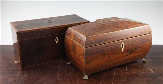 An Irish George III mahogany rectangular tea caddy & another caddy